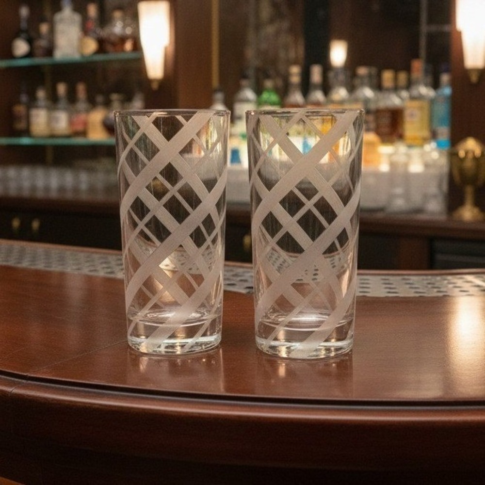Federal‎ Style Glass Tumblers, Set of 2, Vintage Etched Striped Spiral Glasses